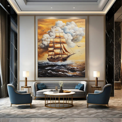 Contemporary hand-painted abstract art featuring a tall ship, white clouds, and birds, evoking a vintage nautical atmosphere. DLZ1477