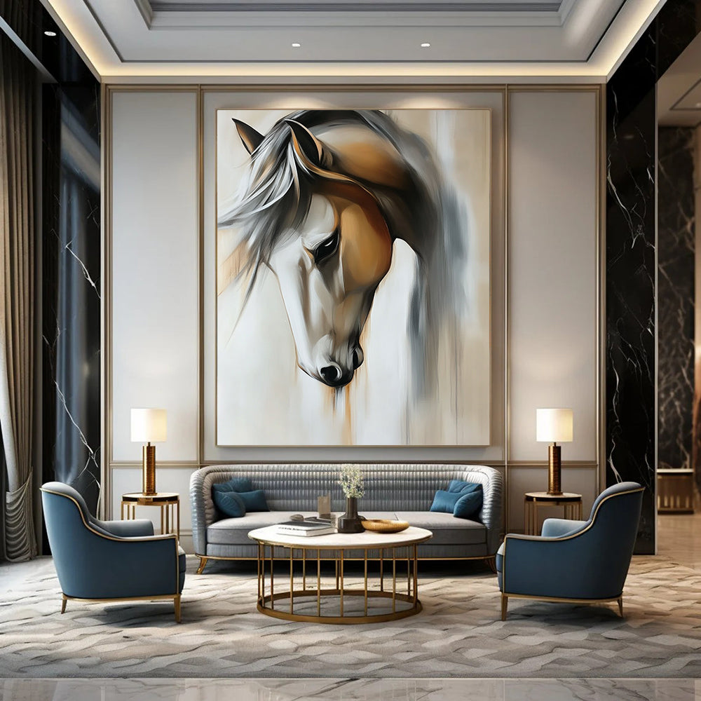 Contemporary abstract painting featuring a close-up view of a horse in muted light gray and off-white tones on a beige background. DLZ1670