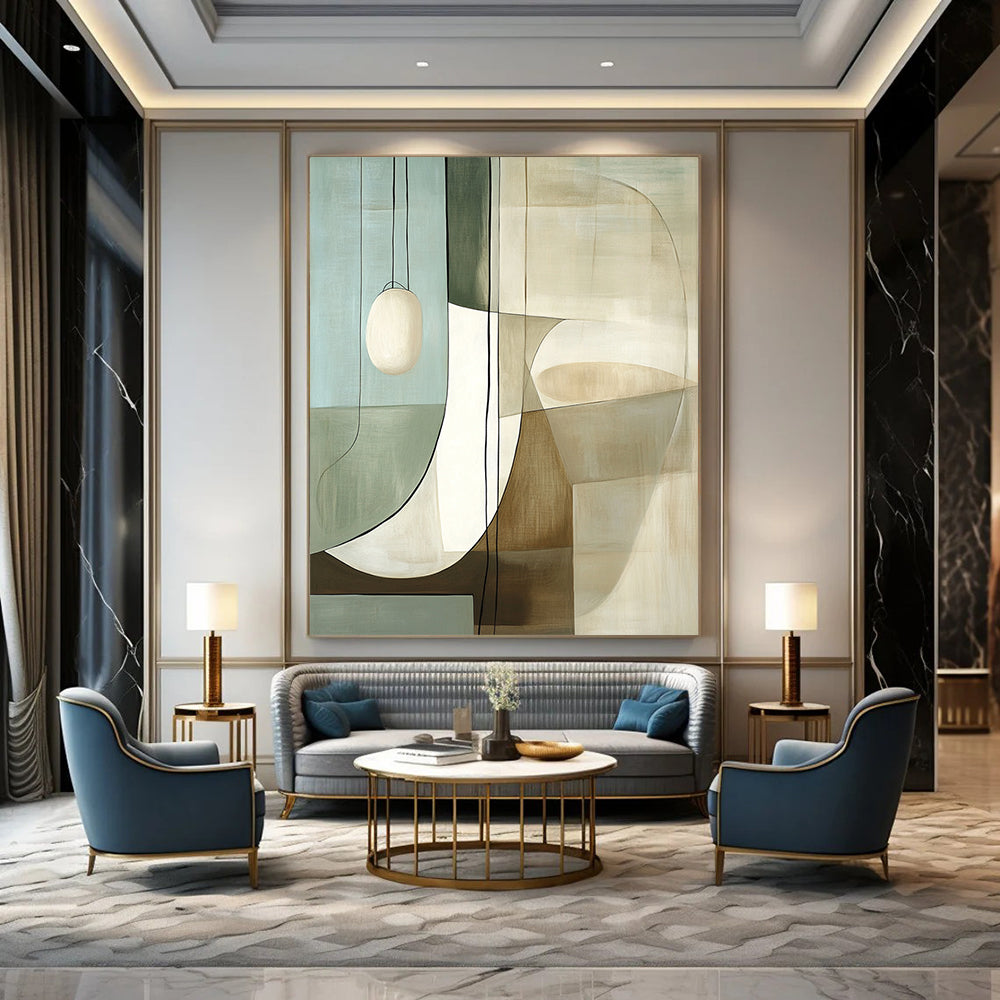 Contemporary large hand-painted abstract art featuring white and beige shapes with glass, reflections, and muted colors inspired by Robert Motherwell. DLZ1602