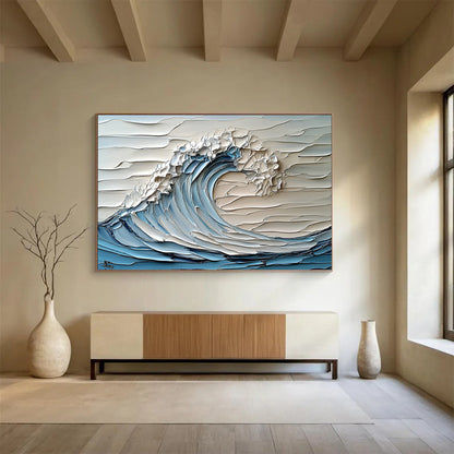 Blue, White and Gray Textured Wave "Sculpted Surf" Painting On Canvas HB0420