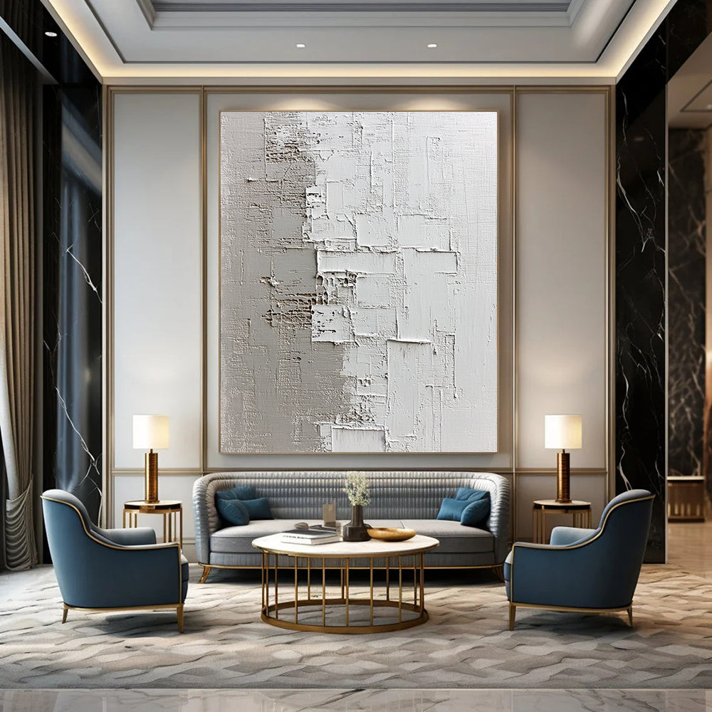 Contemporary hand-painted abstract artwork showcasing textured light gray and dark beige shades on a dark plaster background, evoking tranquility and depth. DLZ0832