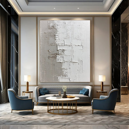 Contemporary hand-painted abstract artwork showcasing textured light gray and dark beige shades on a dark plaster background, evoking tranquility and depth. DLZ0832