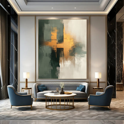 Contemporary hand-painted abstract artwork featuring neutral tones with sage green and gold accents, exuding a soft and gentle aesthetic on textured canvas. DLZ0555