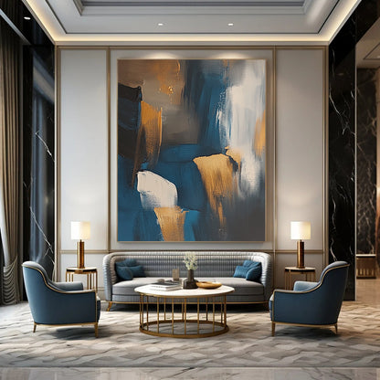 Contemporary abstract art depicting the Irish coast featuring dark blue and gold tones with expressive brush strokes and muted colors. DLZ1002