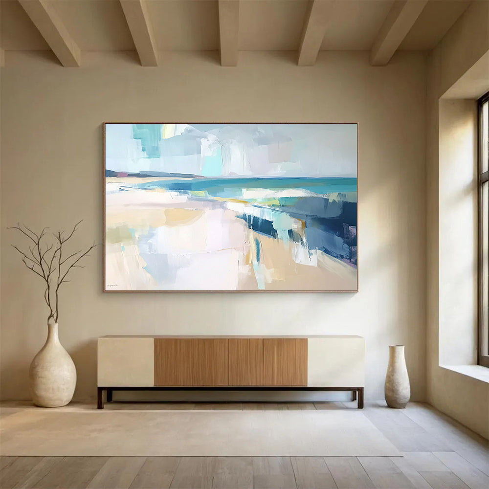 “Abstract Beach Day” - Blue, white, yellow, gray; Soft blocks mimic a hazy seaside; Minimalist Coastal Acrylic Painting On Canvas HB1175
