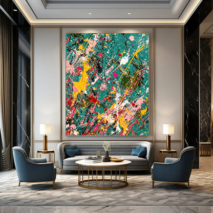 Vibrant contemporary abstract painting featuring splattered paint and glitter on a teal canvas with jungle-green background symbolizing creativity in chaos. DLZ1177