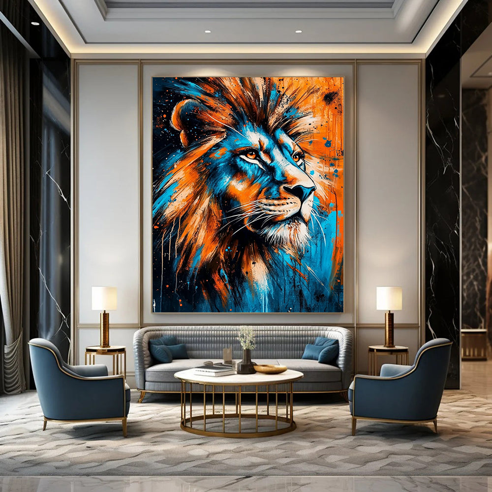 Contemporary abstract painting featuring a lion with piercing eyes in vibrant blue and orange symbolizing strength and the wild beauty of nature. DLZ1303