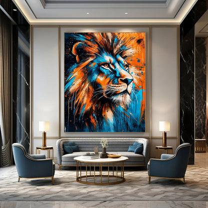 Contemporary abstract painting featuring a lion with piercing eyes in vibrant blue and orange symbolizing strength and the wild beauty of nature. DLZ1303