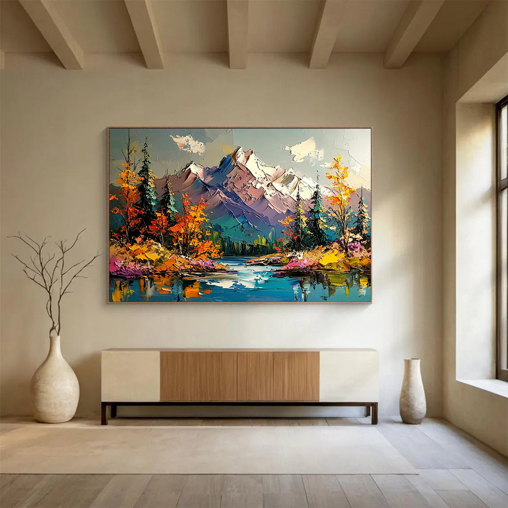 Colorful Mountain Landscape with Lake - Impasto Nature Scene Painting On Canvas HB0456