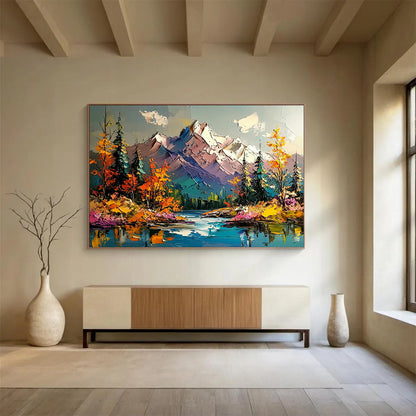 Colorful Mountain Landscape with Lake - Impasto Nature Scene Painting On Canvas HB0456