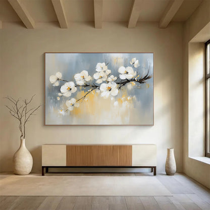 “White Blossoms On Branch” - Gray, White, Yellow, Impressionist Floral Painting On Canvas HB0682