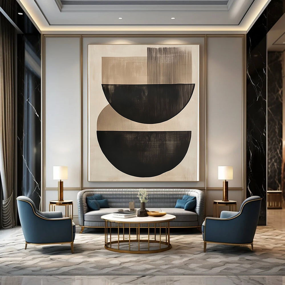Contemporary large abstract painting featuring elegant black and beige semi-circles on a soothing neutral background, perfect for enhancing any space. DLZ1455