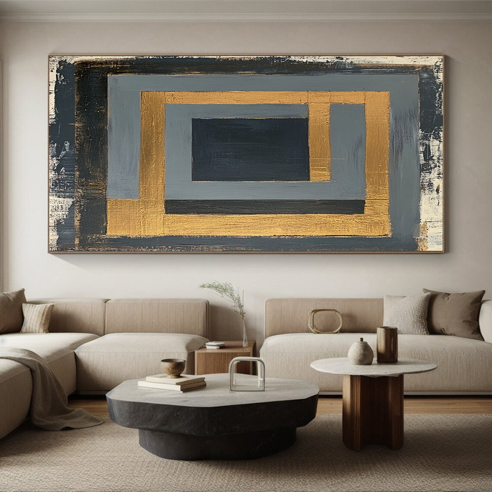 Gray, Black, Gold and White Geometric Frames "Framed Mystery" Painting On Canvas HB349