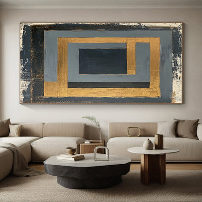 Gray, Black, Gold and White Geometric Frames "Framed Mystery" Painting On Canvas HB349