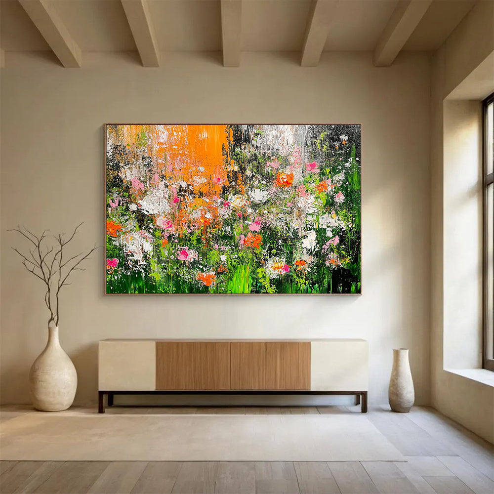 Impasto Flower Field in Orange and Pink – Textured Abstract Acrylic Floral Painting HB1472