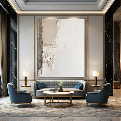 Contemporary abstract painting featuring a white plaster wall with chipped edges in neutral tones for a minimalistic and simple aesthetic. DLZ0608