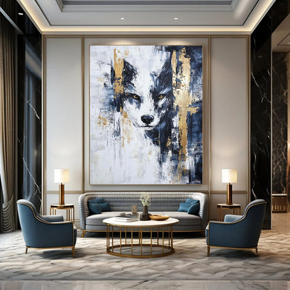Large contemporary hand-painted abstract artwork featuring blue black white textures with intricate gold accents in a striking modern style. DLZ0359