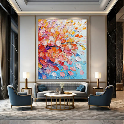 Contemporary abstract painting featuring vibrant pink and orange flowers with colorful leaves on a soft sky-blue background, rich in texture and movement. DLZ0620
