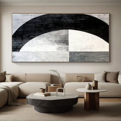 Black, White, Gray, Textured Crescent "Midnight Moon" Abstract Expressionist Painting On Canvas HB104