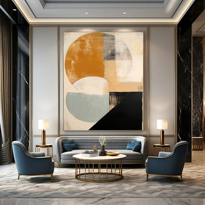 Contemporary hand-painted abstract artwork featuring soft beige black and white shapes a vibrant orange circle and subtle blue and grey accents. DLZ1038