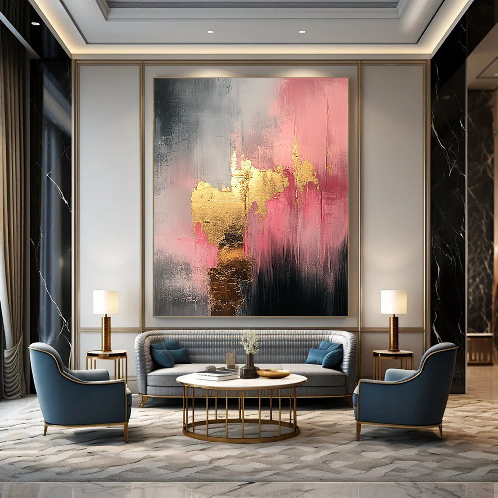 Contemporary hand-painted abstract art featuring white pink and gold tones with a mysterious atmosphere and luxurious gold leaf embellishments. DLZ1117