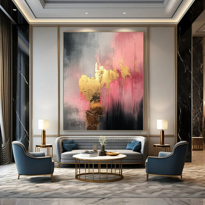 Contemporary hand-painted abstract art featuring white pink and gold tones with a mysterious atmosphere and luxurious gold leaf embellishments. DLZ1117