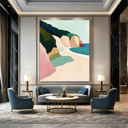 Contemporary hand-painted abstract artwork depicting Big Sur cliffs and beach, featuring a pastel palette and soft brushstrokes emphasizing light and form. DLZ1109