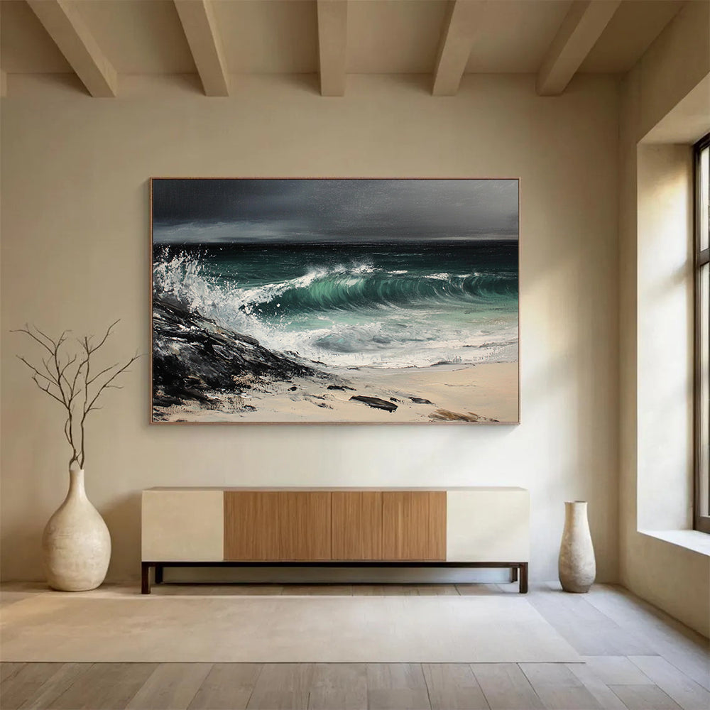 Black, Green, White and Beige Stormy Seaside "Tempest Tide" Painting On Canvas HB0669