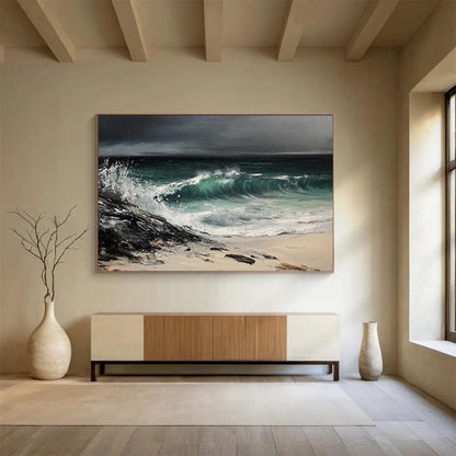 Black, Green, White and Beige Stormy Seaside "Tempest Tide" Painting On Canvas HB0669