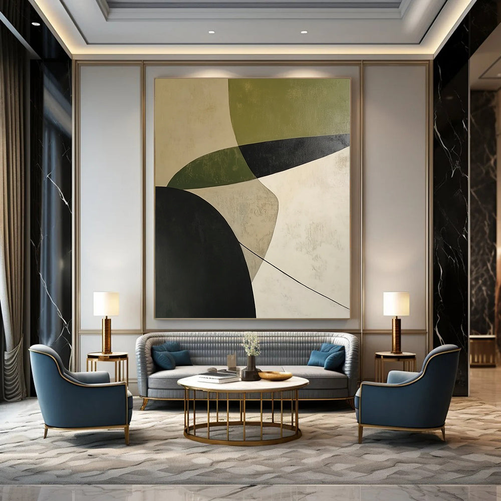 Contemporary abstract painting featuring calming white green and black curves with shadow effects on a beige background expressing simplicity and depth. DLZ1399