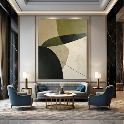 Contemporary abstract painting featuring calming white green and black curves with shadow effects on a beige background expressing simplicity and depth. DLZ1399