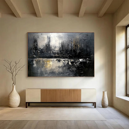 “Monochrome Cityscape Reflection” - Black, White, Gold, Abstract City Reflection HB1129