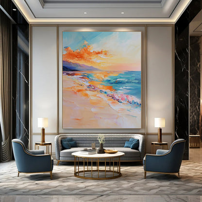 Contemporary abstract oil painting of the sea featuring golden sunset light vibrant orange and blue tones and detailed brushstrokes conveying tranquility and calmness DLZ1120