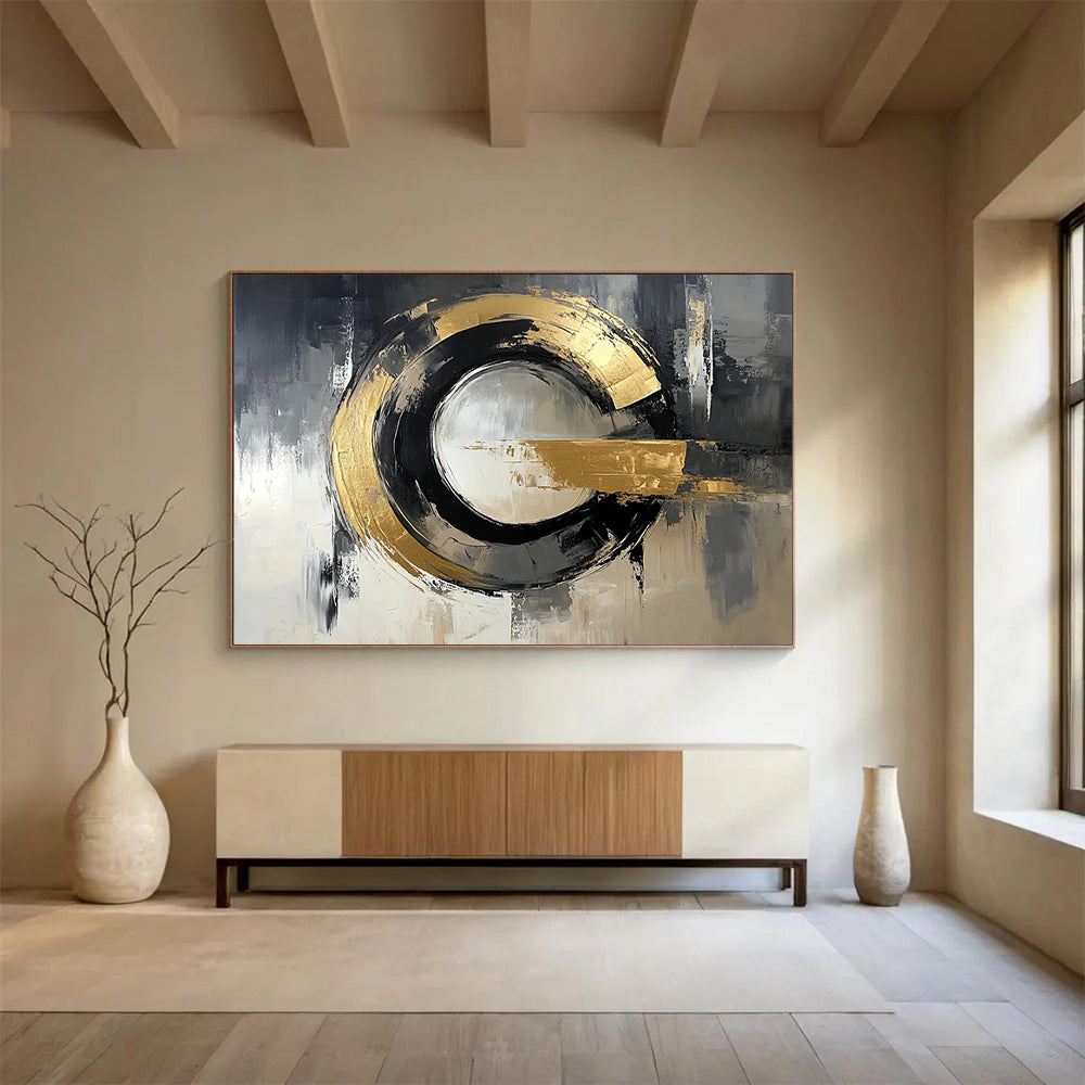 “Gold - Black Circular Abstraction” - Gold, Black, Circular Textured Painting On Canvas HB0794