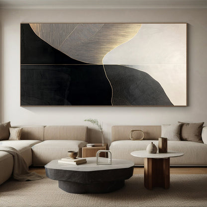 Black, White, Gold, Curved Geometry "Gilded Horizon" Abstract Modernist Painting On Canvas HB140