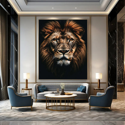 Contemporary abstract painting featuring a majestic lion portrait with realistic details against a dark background, perfect for modern decor. DLZ1590