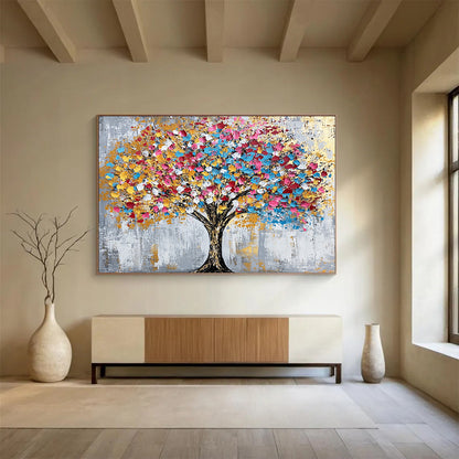 “Colorful Dot Tree” - Gray background, multicolor dots, golden accents, Abstract Tree Painting On Canvas HB0590