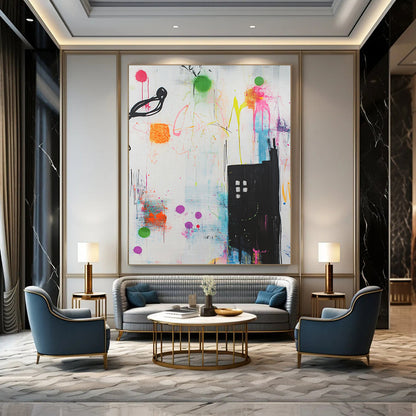 Contemporary hand-painted abstract artwork features vibrant shapes lines and urban building designs enriched with graffiti splashes creating a dynamic and playful atmosphere. DLZ1515