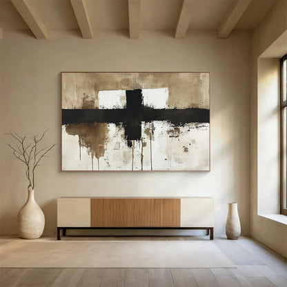 “Minimalist Cross in Earth Tones” - Black, Brown, White, Simplified Cross with Dripping Effects - Abstract Ink - style Painting HB1767