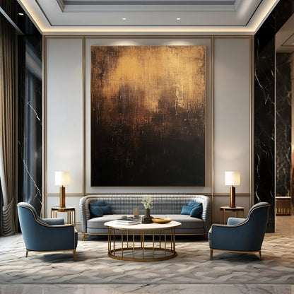 Contemporary abstract art features a dark brown distressed background with textured dark grays and subtle gold accents in a captivating style. DLZ1241