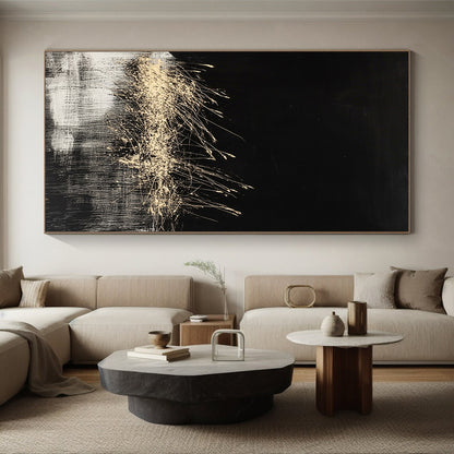 Black, Gold, White, Grass - like Swirls "Midnight Meadow" Abstract Modernist Painting On Canvas HB084