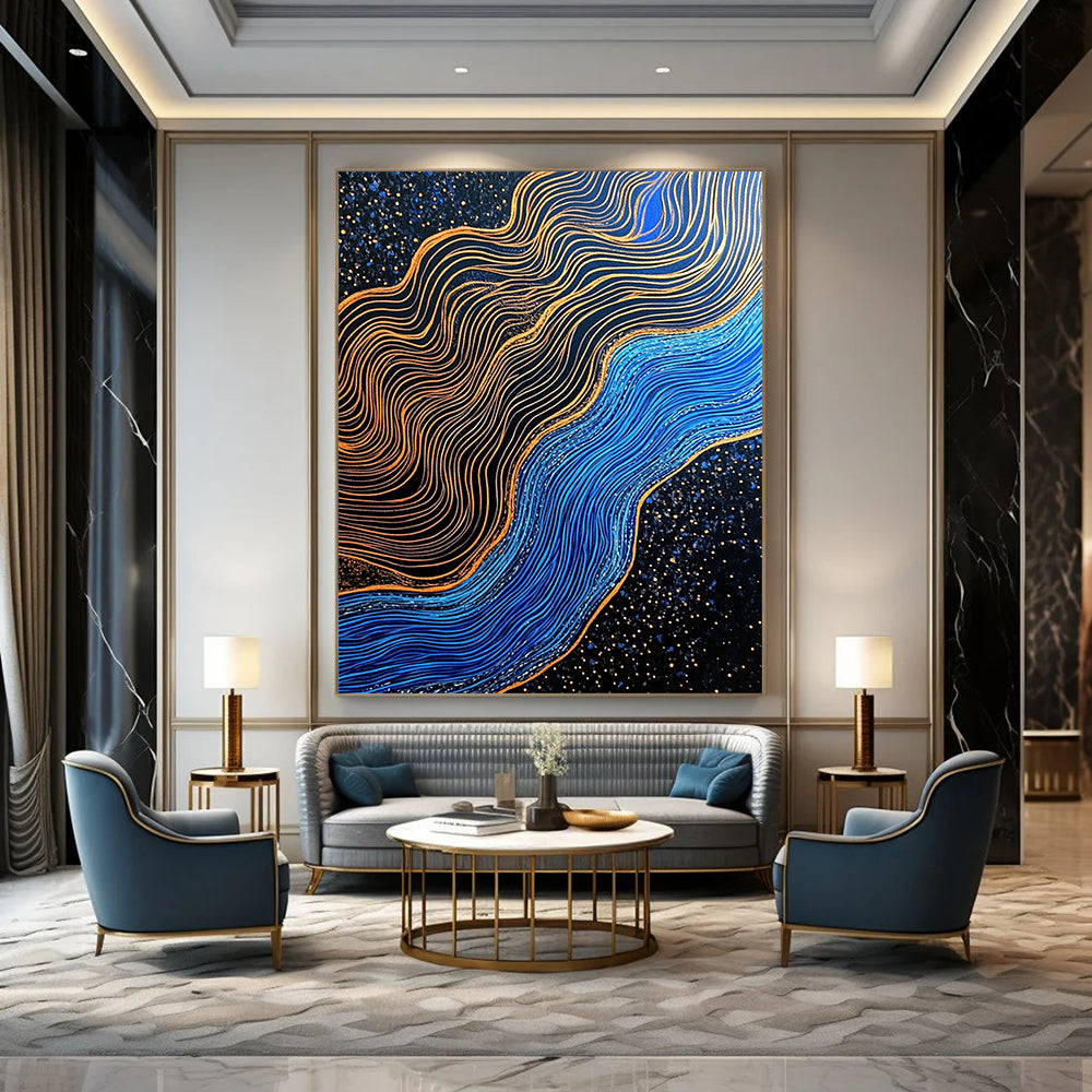 Contemporary hand-painted abstraction featuring blue and gold contrasts with gilded lines over a dark blue river in a black sand desert. DLZ1561