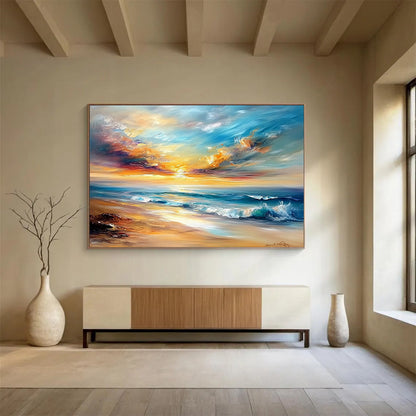 “Vibrant Beach Sunset” - Oranges, Pinks, Blues, Colorful Ocean Sunset - Impasto Oil Painting HB1600