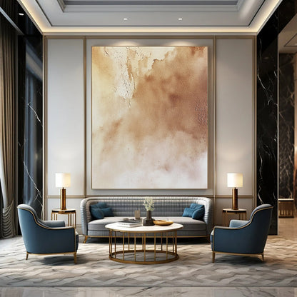 Contemporary hand-painted abstract artwork featuring soft beige textures atmospheric skies and intricate natural landscapes in light and dark shades. DLZ1723