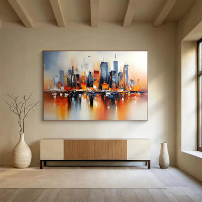 Colorful Cityscape with Reflections "Urban Glow" Painting On Canvas HB0664