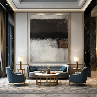 Contemporary hand-painted abstract art featuring a monochromatic white and grey palette with dark brown stripes and rich textured brush strokes on wood panel. DLZ1079