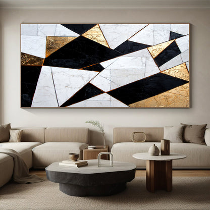 White, Black, Gold, Geometric Triangles "Gilded Geometry" Abstract Modernist Painting On Canvas HB076