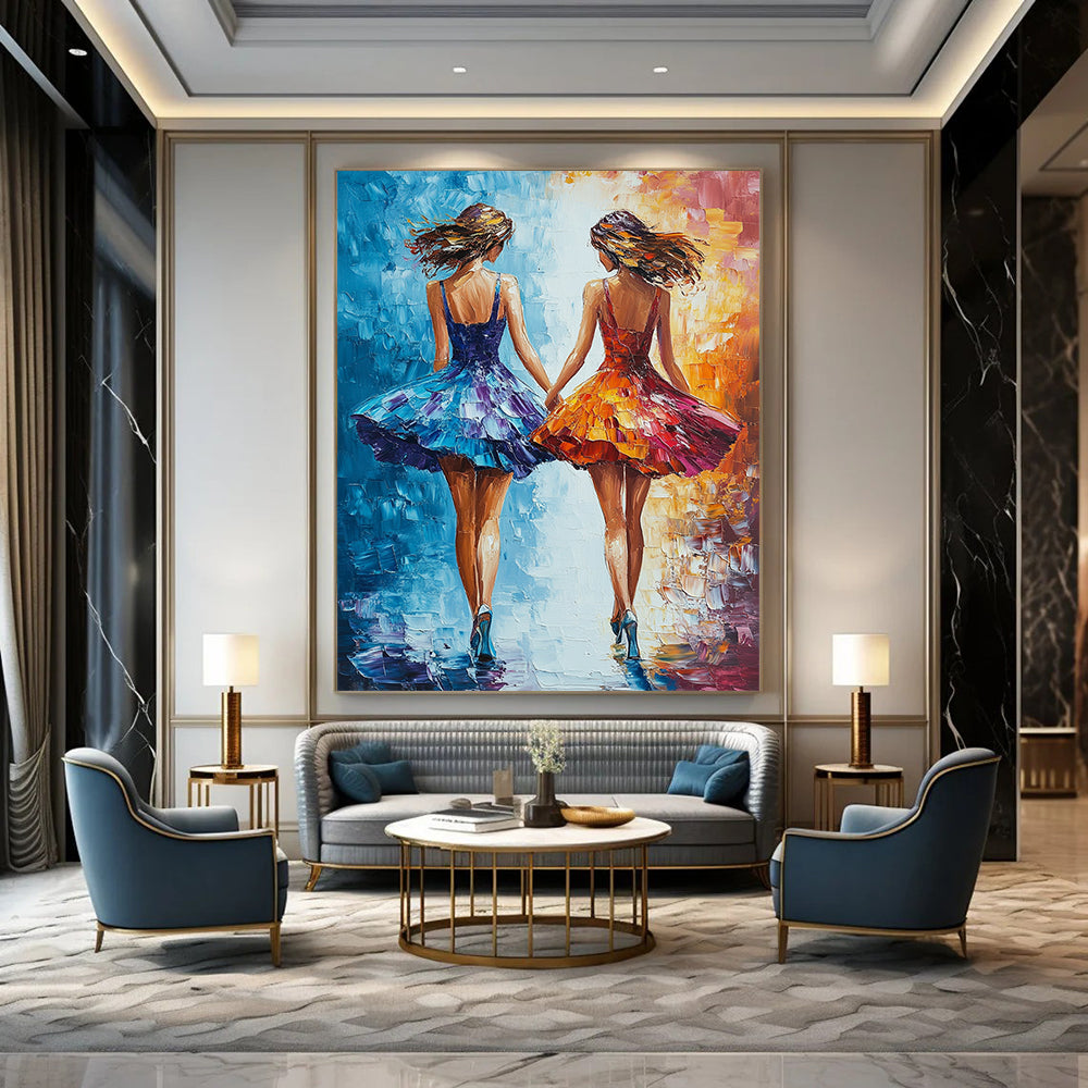 Vibrant contemporary abstract art featuring two friends in colorful dresses walking together creating a joyful and harmonious atmosphere. DLZ1717