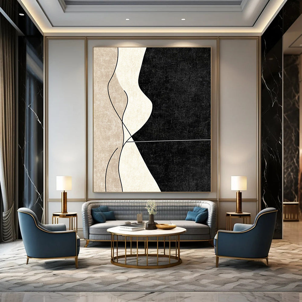 Modern contemporary abstract painting with clean lines showcasing elegant curved shapes in neutral tones against a deep black background. DLZ1375