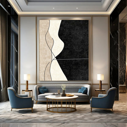 Modern contemporary abstract painting with clean lines showcasing elegant curved shapes in neutral tones against a deep black background. DLZ1375